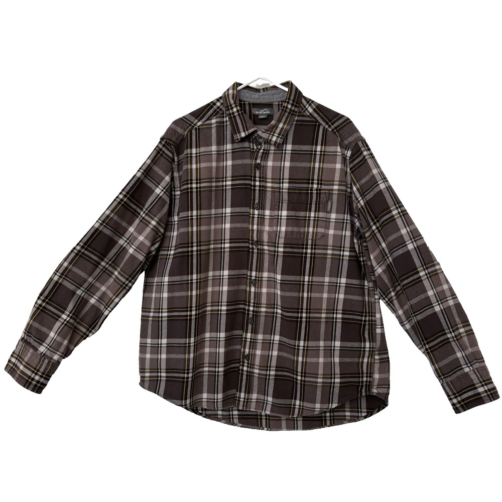 Eddie Bauer Men XXL Flannel Shirt Brown Plaid 100% Cotton‎ Long Sleeve Button